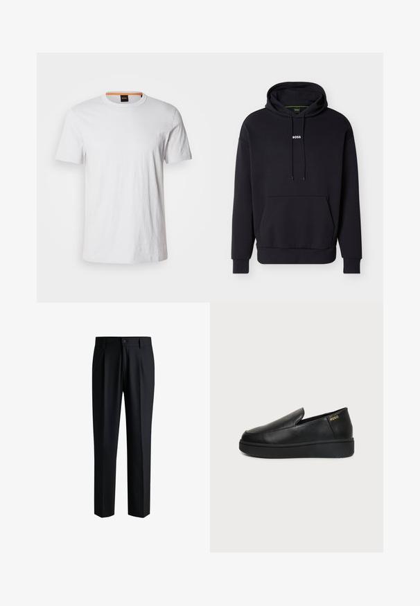 Schwarzer Kapuzenpullover mit einer Fronttasche und weißem "BOSS"-Logo auf der Brust. Hergestellt aus weichem Stoff mit gerippten Bündchen.; Weißes T-Shirt mit kurzen Ärmeln aus weicher Baumwolle, mit einem runden Ausschnitt und dezenter Logodetail in passendem Weiß auf der Vorderseite.; Schwarze Hose aus glattem Stoff, mit geradem Bein-Design, Falten vorne und einem Knopfverschluss mit Gürtelschlaufen.; Schwarzer Lederschlupfschuh mit dicker Sohle und kleinen seitlichen Belüftungslöchern, mit goldenem "HUGO"-Logo nahe der Ferse.
