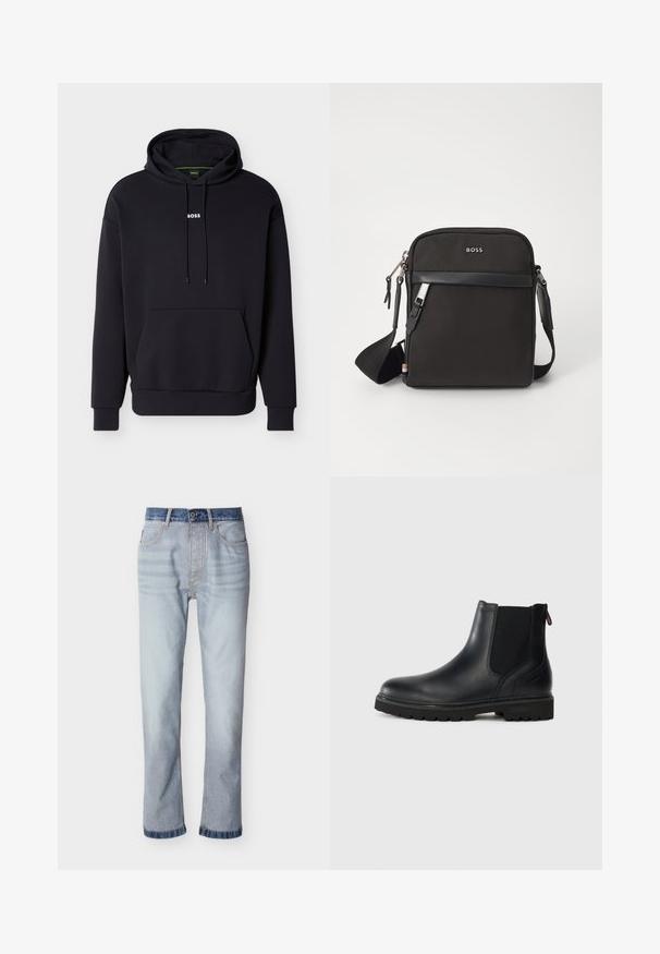Sweat-shirt noir à capuche, avec une poche avant et un logo blanc "BOSS" sur la poitrine. Fabriqué en tissu doux avec des poignets côtelés.; Jean denim bleu clair avec une ceinture bleu foncé, coupe droite, cinq poches et détails de couture visibles.; Bottine noire en cuir avec des panneaux latéraux en élastique, bout rond et semelle en caoutchouc robuste avec de profonds crampons pour une meilleure adhérence.; Sac bandoulière noir en tissu texturé, avec un logo sur le devant, fermeture éclair et une bandoulière réglable. Finitions en cuir lisse.