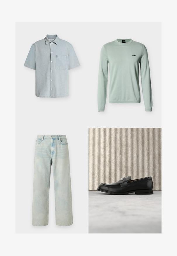 Pull à manches longues vert clair avec col rond et poignets côtelés, logo "BOSS" sur la poitrine gauche, sur fond blanc.; Chemise bleu clair à manches courtes avec boutons, col et poche poitrine, en tissu texturé.; Jean large à taille haute bleu clair avec boutons sur le devant et poches, présenté à plat sur un fond blanc.; Mocassin en cuir noir avec une plaque de marque en métal reposant près d'une table ronde marron sur un sol recouvert de moquette beige.