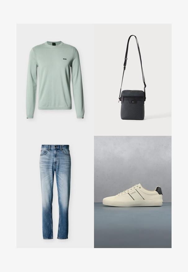 Pull à manches longues vert clair avec col rond et poignets côtelés, logo "BOSS" sur la poitrine gauche, sur fond blanc.; Jean bleu délavé à coupe droite avec cinq poches, fermeture par bouton et passants pour ceinture, présenté à plat sur fond blanc.; Baskets de couleur crème avec une texture lisse, dotées d'accents et de marquage noirs. Design classique à lacets avec un bout rond et une semelle en caoutchouc.; Petit sac bandoulière gris avec sangle réglable, poche zippée à l’avant et logo "BOSS" embossé sur le panneau avant.