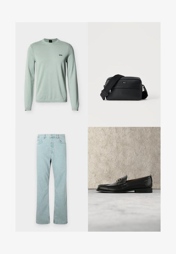 Hellgrüner Pullover mit langen Ärmeln und Rundhalsausschnitt, Rippbündchen und dem "BOSS"-Logo auf der linken Brust vor weißem Hintergrund.; Hellblaue Jeans aus Denim mit geradem Schnitt, fünf Taschen und einem einzigen Knopfverschluss. Abgerundet mit dezenten Steppdetails.; Schwarzer Lederloafer mit goldfarbenem Metallbit und "HUGO"-Markenlogo, präsentiert vor einem beigen Teppich und braunen durchsichtigen Möbelstücken.; Schwarze, strukturierte Leder-Crossbody-Tasche mit vorderer Reißverschlusstasche und verstellbarem breitem Stoff-Schulterriemen auf weißem Hintergrund.