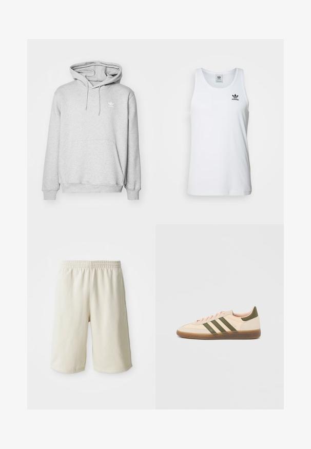 Sudadera gris con un bolsillo tipo canguro, capucha ajustable con cordón y pequeño logotipo blanco en el pecho. Fabricada con material suave y texturizado.; Top sin mangas blanco con canalé y escote redondo, logo negro de Adidas en el lado izquierdo del pecho. Material de algodón suave, corte casual.; Pantalones cortos deportivos de color beige claro con una cintura elástica, textura suave y un sutil detalle del logo en la parte inferior izquierda. Sin bolsillos.; Zapatilla Adidas Spezial beige de perfil bajo con rayas verdes, suela de goma y la marca "SPEZIAL" en el lateral, vista desde el lado exterior.