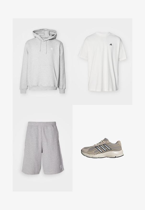 Grijze hoodie met een kangoeroezak, verstelbare trekkoordkap en klein wit logo op de borst. Gemaakt van zachte, gestructureerde stof.; Witte katoenen t-shirt met korte mouwen, ronde hals en een klein zwart Adidas-logo op de linkerzijde van de borst. Zachte textuur, casual pasvorm.; Grijze sportshorts van katoenmix stof. Voorzien van zijzakken, een elastische tailleband en witte zijstrepen. Klassiek ontwerp.; Beige en grijze mesh hardloopschoen met zwart-zilveren gestreept ontwerp, witte veters en een gedempte zool met het label "Cloudfoam."