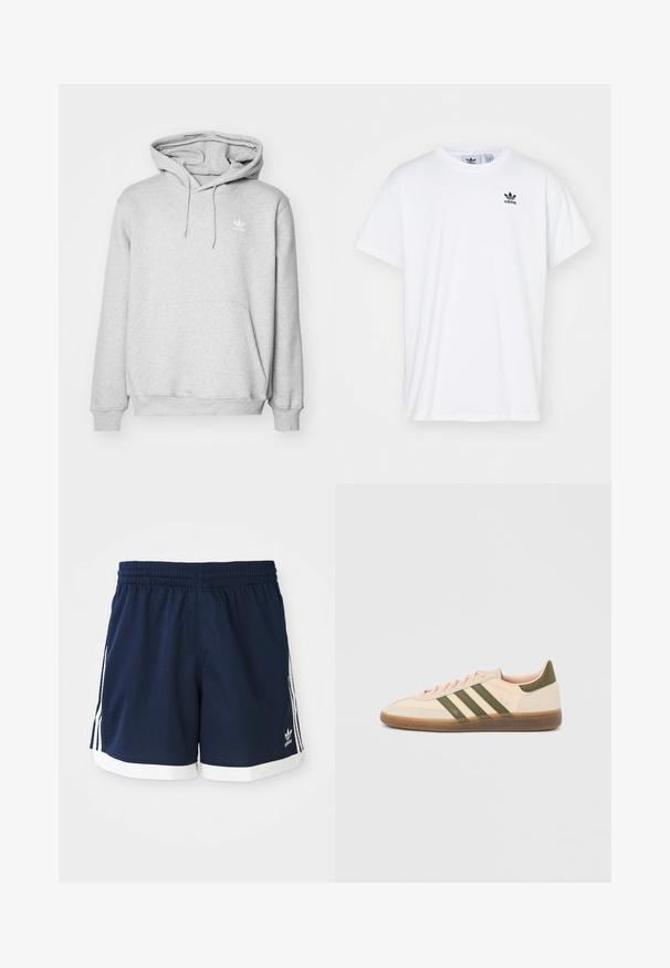 Sudadera gris con un bolsillo tipo canguro, capucha ajustable con cordón y pequeño logotipo blanco en el pecho. Fabricada con material suave y texturizado.; Camiseta blanca de algodón con mangas cortas, escote redondo y un logo negro de Adidas con tres franjas en la zona del lado izquierdo del pecho.; Pantalones cortos deportivos de Adidas azul marino con ribete blanco y tres rayas blancas a cada lado, cinturilla elástica.; Zapatilla Adidas Spezial beige de perfil bajo con rayas verdes, suela de goma y la marca "SPEZIAL" en el lateral, vista desde el lado exterior.