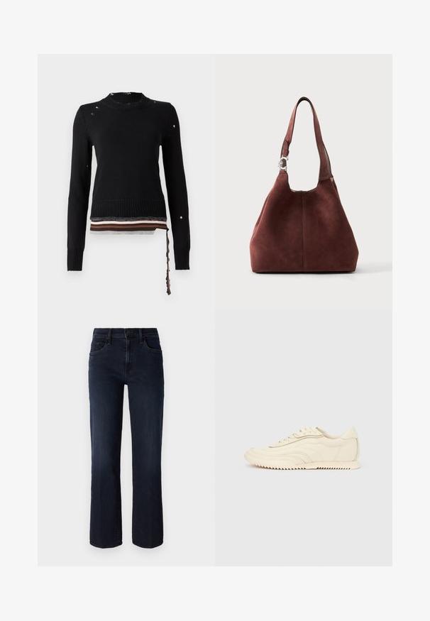 Zwarte trui met lange mouwen van gebreide stof met versleten gaten, geribde manchetten, ronde halslijn en een gestreepte, gelaagde zoom met een hangend lint aan de rechterkant.; Mother THE MID RISE RAMBLER - Straight leg jeans - dunkelblau; Low-profile sneaker in crèmekleur met golvende stiksels, vetersluiting en een geribbelde zool, zijaanzicht tegen een effen achtergrond.; Bruine suède schoudertas met een enkele brede band en een zilveren gespdetail aan één kant, getoond tegen een effen lichte achtergrond.