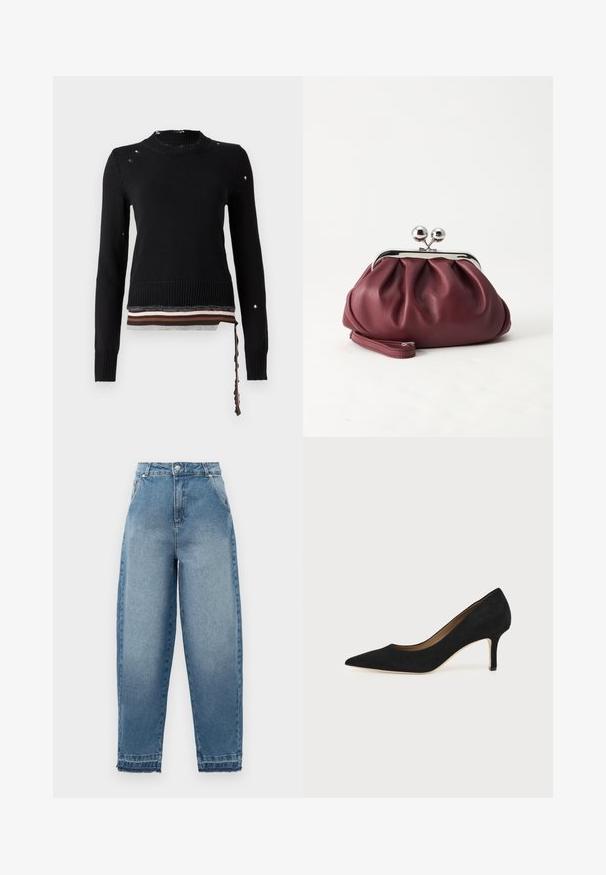 Sort langærmet strikket sweater med slidte huller, ribbede manchetter, rund halsudskæring og stribet lagdelt kant med et hængende bånd på højre side.; Lyseblå denimjeans med høj talje, løs pasform, fem-lommer design og frynsede kanter. Har klassisk syning og lynlås foran.; Sort ruskind spids tå højhælet pumpe med en slank mellemhøj stilethæl og et lavt snit på en ensfarvet baggrund.; Lille bordeauxlæder clutch-pung med sølv metal lukning og håndledsrem på hvid baggrund.