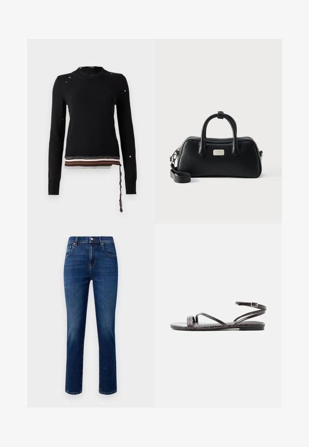 Suéter negro de punto de manga larga con agujeros desgastados, puños acanalados, escote redondo y dobladillo con capa a rayas con una cinta colgante en el lado derecho.; Jeans de mezclilla en azul oscuro, con corte recto, diseño de cinco bolsillos y cierre frontal de botón metálico. Textura suave, sin patrones visibles.; Sandalia plana negra con tiras finas y texturizadas, incluyendo una tira para el dedo y un cierre ajustable con hebilla en el tobillo.; Bolso rectangular negro de cuero con dos asas, correa de hombro desmontable y pequeña placa con el logo de la marca en plata en el frente.