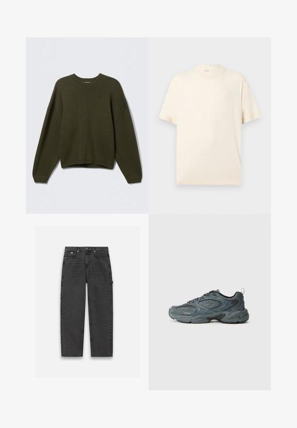 Pull en maille vert olive avec un col rond, épaules tombantes et ourlet côtelé. Texture douce et coupe décontractée.; T-shirt beige uni à manches courtes avec col rond, présenté à plat sur fond gris clair.; Pantalons en denim gris foncé avec une coupe droite, style cinq poches et fermeture à boutons et zip visible. Présente un agencement minimal.; Chaussure de sport grise avec un dessus texturé, un bout rond et une semelle épaisse avec des accents noirs. Elle présente des lacets et une tirette au niveau du talon.