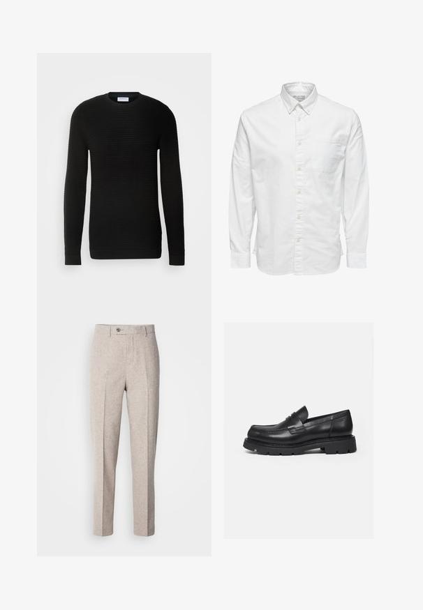 Suéter negro de manga larga con textura acanalada, escote redondo y puños ajustados. Hecho de un material suave y elástico.; Camisa blanca de manga larga con botones, cuello y bolsillo en el pecho, con la etiqueta "Selected Homme" en el interior del cuello.; Pantalones de lana beige claro con una textura suave, corte recto, pliegues en la parte frontal y un cierre de botón único en la cinturilla.; Mocasín negro de cuero con suela gruesa y acanalada y detalle de tira para moneda, mostrado en perfil lateral derecho sobre fondo blanco.