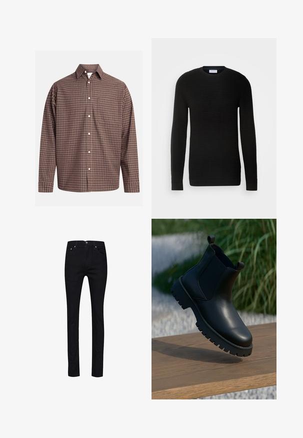 Sort langærmet sweater med ribbet tekstur, rund halsudskæring og tætsiddende manchetter. Fremstillet af et blødt, strækbart materiale.; Brunternetternet knap-up skjorte med lange ærmer, med en brystlomme og hvide knapper på et struktureret stof.; Sorte jeans lavet af denim med en lige pasform, fem lommer, metal knapper og en enkelt baglomme med syningsdetaljer.; Sorte læder ankelstøvler med elastiske sidepaneler, rund tå og kraftig sål, vist på en træoverflade.