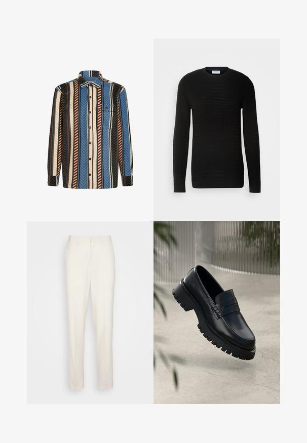 Sort langærmet sweater med ribbet tekstur, rund halsudskæring og tætsiddende manchetter. Fremstillet af et blødt, strækbart materiale.; Langærmet skjorte med knaplukning i lodrette striber i blå, brun, hvid og sort, med en brystlomme foran med knapklap.; Cremefarvede skræddersyede bukser med lige snit, lavet af tekstureret stof. Har bæltestikler og en lynlåslukning foran.; Sorte læder loafers med en chunky sål, der har en dekorativ rem og syninger. Glat tekstur med en poleret overflade.
