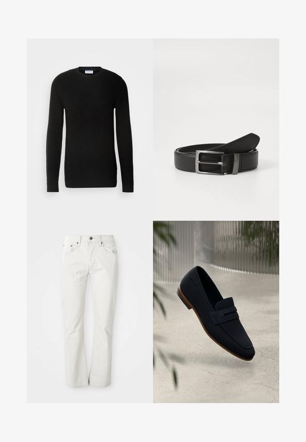 Schwarzer Pullover mit langen Ärmeln, gerippter Textur, rundem Ausschnitt und eng anliegenden Bündchen. Hergestellt aus einem weichen, dehnbaren Material.; Helle Jeans aus Baumwollmischung. Gerades Bein-Design mit Fünf-Taschen-Stil und Metallknopfverschluss. Glatte Textur.; Marineblaue Slipper mit glattem Äußeren, gewobenem Riemenakzent und hellbrauner Ledersohle. Weicher Griff, klassisches Design und zurückhaltende Gestaltung.; Schwarzer Ledergürtel mit einer silbernen Metallschnalle, der eine glatte Oberfläche und ein klassisches Design aufweist. Der Gürtel ist ordentlich gefaltet.