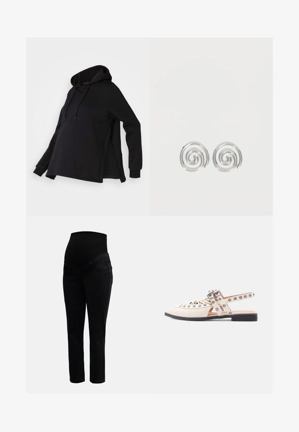 Sweatshirt noir à capuche, avec des fentes sur les côtés et des manches longues. Fabriqué en tissu doux, il offre une coupe décontractée pour le confort.; Jeans de maternité noirs avec une taille haute extensible et des jambes slim, conçus pour le confort et le soutien pendant la grossesse.; Chaussures plates en cuir beige avec un bout pointu, un devant à lacets, et deux brides réglables à la cheville avec des garnitures métalliques et des accents circulaires.; Paire de boucles d'oreilles en forme d'anneau spirale en argent avec un design lisse et arrondi sur fond blanc uni.