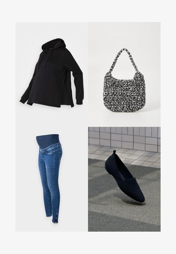 Schwarzer Kapuzenpullover mit seitlichen Schlitzen und langen Ärmeln. Hergestellt aus weichem Material, bietet er eine lockere Passform für Komfort.; Schwangerschaftsjeans aus dunkelblauem Denim. Slim Fit mit einem dehnbaren, unterstützenden Bauchband. Mit seitlichen Reißverschlüssen an den Knöcheln.; Schwarzer flacher Schuh mit spitzem Zehenbereich, glatter Textur und minimalistischer Gestaltung. Verfügt über einen kleinen Absatz und eine Schlaufe an der Rückseite.; Gewebte Handtasche in Schwarz und Weiß mit runder Form, strukturiertem Oberflächenfinish und geflochtener Grifffläche. Geeignet für den lässigen Gebrauch.