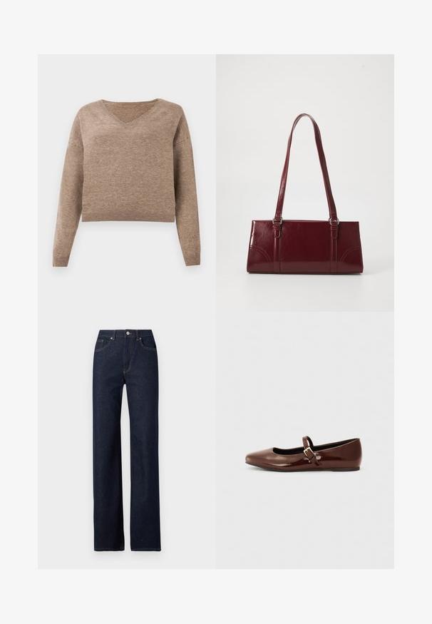 Pull en maille beige clair avec décolleté en V, manches longues et ourlet côtelé. Texture douce avec un design légèrement court et sans motifs visibles.; Jeans en denim bleu foncé avec une coupe droite, style classique à cinq poches, couture visible et fermeture à bouton à l'avant.; Ballerine en cuir verni marron avec un bout carré et une lanière ornée d'une petite boucle dorée. Texture lisse, talon bas et design minimaliste.; Sac à main bordeaux en matériau brillant, de forme rectangulaire, avec deux anses et des accents légèrement courbés à l'avant.
