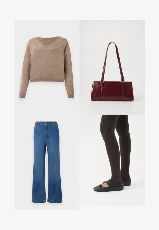 Pull en maille beige clair avec décolleté en V, manches longues et ourlet côtelé. Texture douce avec un design légèrement court et sans motifs visibles.; Jeans en denim bleu à jambe large avec taille haute, dotés d'une fermeture à bouton, de cinq poches et d'une texture délavée.; Jambes portant des leggings côtelés foncés associés à des ballerines noires avec de petits détails en nœud sur fond blanc.; Sac à main bordeaux en matériau brillant, de forme rectangulaire, avec deux anses et des accents légèrement courbés à l'avant.