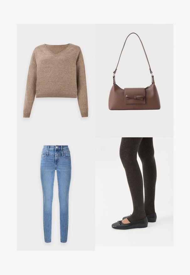 Pull en maille beige clair avec décolleté en V, manches longues et ourlet côtelé. Texture douce avec un design légèrement court et sans motifs visibles.; Jean skinny en denim bleu clair avec une taille haute, deux poches avant et une braguette zippée. Présente une texture lisse et un léger effet délavé.; Jambes portant des leggings côtelés foncés associés à des ballerines noires avec de petits détails en nœud sur fond blanc.; Sac à bandoulière en cuir marron avec une poche à rabat avant ornée d'un détail en forme de nœud cousu et une sangle réglable.