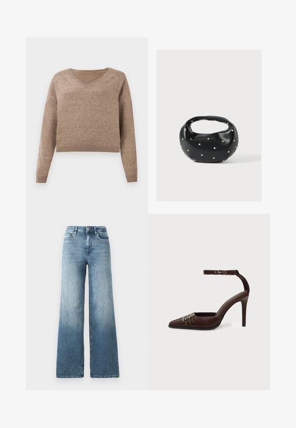 Pull en maille beige clair avec décolleté en V, manches longues et ourlet côtelé. Texture douce avec un design légèrement court et sans motifs visibles.; Jean en denim à jambes larges dans un délavage bleu clair, avec une taille haute, un design à cinq poches et un léger dégradé sur le tissu. Fermeture classique à bouton en métal.; Chaussure à talon haut en cuir marron avec bout pointu, trois petites boucles argentées sur le devant et bride de cheville réglable avec boucle.; Sac à main en cuir noir de forme arrondie, décoré de clous argentés et équipé d'une poignée courte. Texture lisse et fermeture éclair.