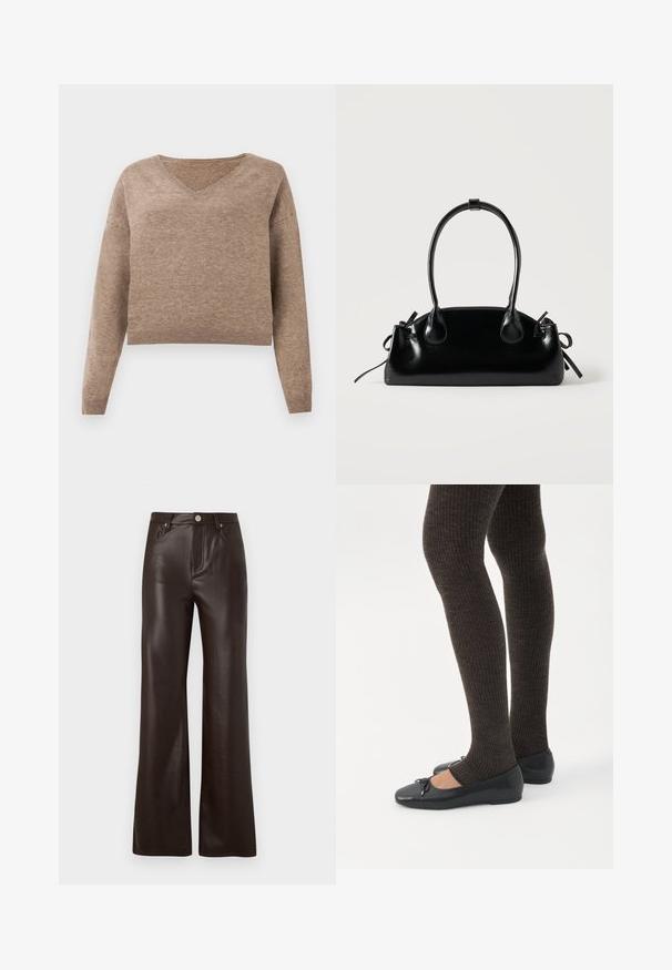 Suéter de punto en marrón claro con escote en V, mangas largas y dobladillo acanalado. Textura suave con un diseño ligeramente corto y sin patrones visibles.; Vero Moda Wide-leg VMTESSA High rise - Pantalones - chocolate torte; Piernas con leggings oscuros acanalados combinados con bailarinas negras que presentan pequeños detalles de lazo sobre un fondo blanco.; Pequeño bolso negro brillante con dos asas largas y detalles de cordón lateral sobre un fondo claro liso.