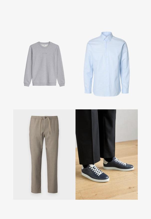 Hellgraues Sweatshirt mit langen Ärmeln und Rundhalsausschnitt, mit gerippten Bündchen und Saum, versehen mit kleinem, zentriertem "Marc O'Polo Denim" Text auf der Brust.; Hellblaues Herrenhemd mit langen Ärmeln, durchgehender Knopfleiste und Standardkragen auf weißem Hintergrund.; Beige Hose mit elastischem Bund, Kordelzug und geradem Bein. Das Material hat eine dezente Textur.; Marineblaue Leder-Sneaker mit weißen Schnürsenkeln und Gummisohlen, mit einem grauen Fersenakzent und glatter Textur, kombiniert mit schwarzen Hosen.