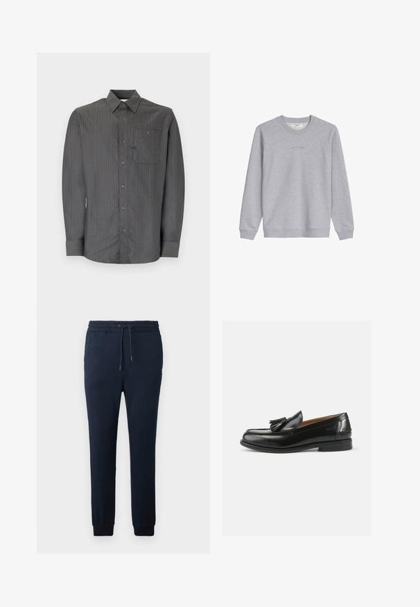 Svetlosivá mikina s dlhým rukávom a okrúhlym výstrihom, s rebrovanými manžetami a lemom, s malým stredovým nápisom "Marc O'Polo Denim" na hrudi.; Šedá pruhovaná košeľa s dlhým rukávom a golierom na gombíky, so vreckom na hrudi, malými gombíkmi a textúrovanou tkaninou.; Námornícke modré tepláky vyrobené z mäkkej tkaniny, s elastickým pásom so šnúrkou, zúženými nohavicami a priliehavými manžetami na členkoch.; Čierne kožené mokasíny s ozdobným strapcom, zaoblenou špičkou a hladkým povrchom. Podrážka je plochá s minimálnym vzorom.