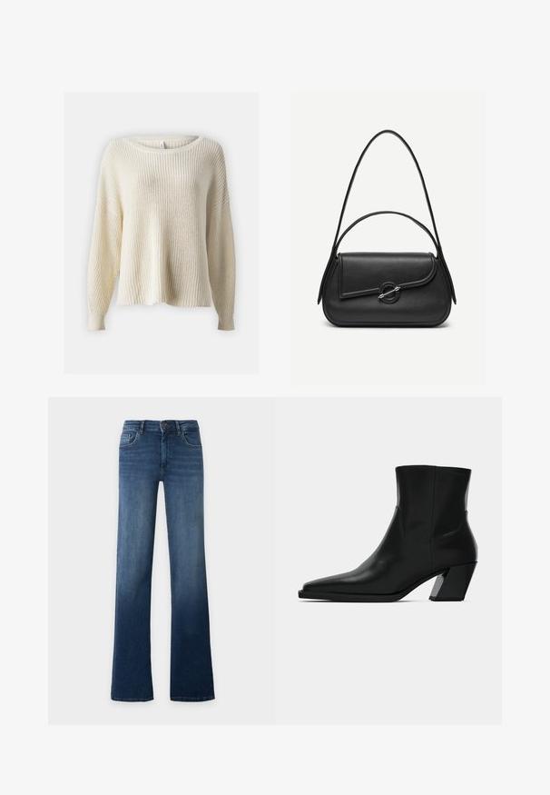 ONLY ONLHILDE LIFE - Strickpullover - birch; Blaue High-Waist-Jeans mit geradem Bein, Knopf- und Reißverschluss, Vorder- und Gesäßtaschen, auf schlichtem, hellem Hintergrund dargestellt.; Schwarze Leder-Stiefelette mit spitzem Zeh, schlanker Silhouette und klobigem quadratischem Absatz. Glatte Textur mit minimalen Nähdetails.; Schwarze Lederhandtasche mit abgerundeten Kanten, asymmetrischem Überschlag, metallfarbenem runden Verschluss und kurzen sowie langen Schulterriemen.