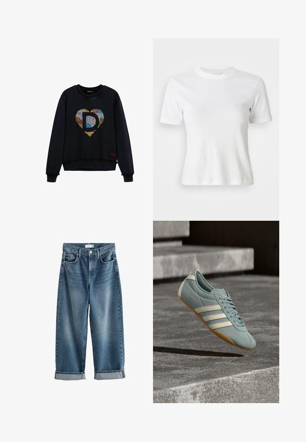 Schwarzer Pullover mit einem bunten, gestickten Herz und einem "D" in der Mitte. Gerippter Rundhalsausschnitt und Bündchen, lockere Passform, weiche Textur.; Weiße, gerippte Kurzarm-T-Shirt mit Rundhalsausschnitt und kleinem Logo auf der Brust. Aus weichem Stoff gefertigt mit taillierter Passform.; Next BOYFRIEND TURN UP - Jeans Straight Leg - mid blue; Hellblauer Sportschuh mit weißen Streifen, aus weichem Material gefertigt, mit strukturierter Oberfläche und brauner Gummisohle.