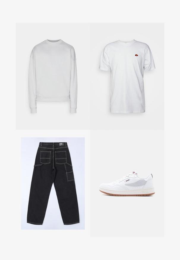 En ensfarvet hvid sweatshirt med rund hals, lange ærmer samt ribstrikkede manchetter og kant, vist på en neutral lys grå baggrund.; Hvid bomulds t-shirt med et lille, broderet logo i flere farver på venstre brystområde, klassisk rund halsudskæring og korte ærmer.; Sorte denimbukser med løs pasform, der har flere lommer, synlige syninger og et lige ben-design.; Hvid sportsko i læder med et tekstureret design, der har en beige gummisål og grå accenter. Logoet vises på siden og tungen.