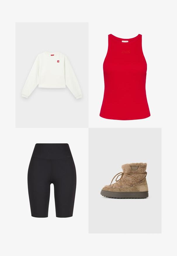 Hvid cropped sweatshirt med lange ærmer, rund hals og rød logo patch på venstre bryst. Blødt stof og ribbede manchetter.; Rød ribbet tanktop med høj hals og tætsiddende silhuet. Har et diskret logo broderet foran. Glat tekstur.; Højtaljede sorte cykelsjorts lavet af strækbart stof, med et sømløst design og subtil branding nær taljen.; Brun isoleret støvle med en blød overdækning, suedette accenter, runde snørebånd og en struktureret gummisål. Har et syet logo-patch på siden.