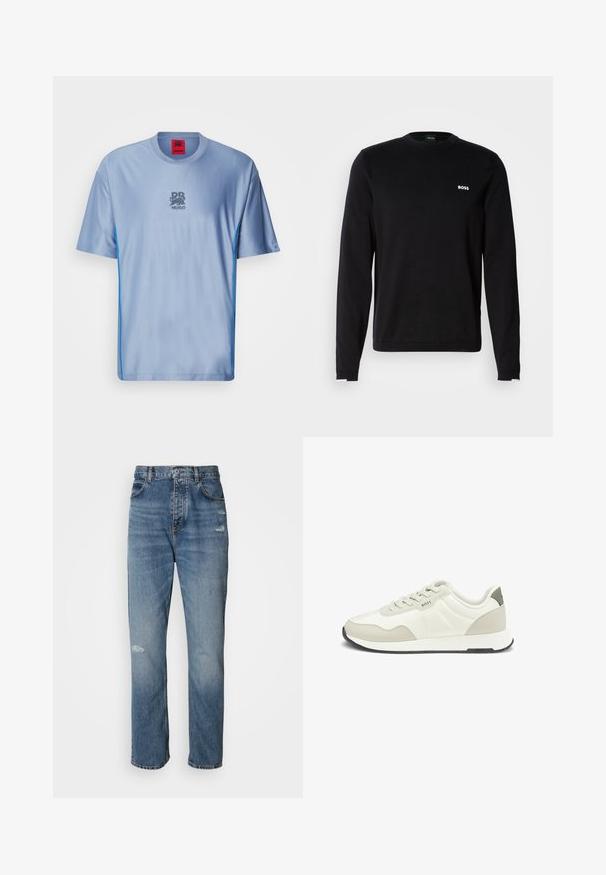 Sudadera negra de manga larga hecha de tela lisa, con cuello y puños acanalados, con un logo blanco "BOSS" en el pecho izquierdo.; Camiseta deportiva de color azul claro con un patrón texturizado, cuello redondo, acentos laterales en azul de contraste y un logo gris en el pecho.; Jeans de mezclilla de color azul claro con un diseño de pierna recta, que cuentan con un cierre de botón y cremallera, cinco bolsillos y detalles deshilachados cerca de la rodilla.; Zapatilla deportiva de color beige claro con parte superior de cuero liso, detalles en tejido texturizado, cordones planos y suela de goma negra en contraste.