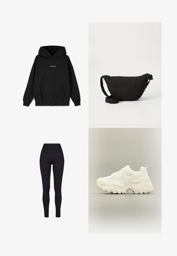 Sudadera negra de algodón, con un bolsillo frontal, puños de canalé y un logo dorado "PEGADOR" en el pecho. Diseño sencillo y relajado.; Leggings negros de talle alto, confeccionados con una tela elástica, que presentan una textura suave y un diseño ajustado sin costuras ni patrones visibles.; Zapatilla blanca gruesa con suela gruesa y texturizada, paneles de malla, cierre de cordones en la parte delantera y tira en el talón sobre un fondo neutro.; Bolso hobo negro de tela suave, con forma curva, cierre de cremallera y una amplia correa ajustable. Textura suave sin patrones.