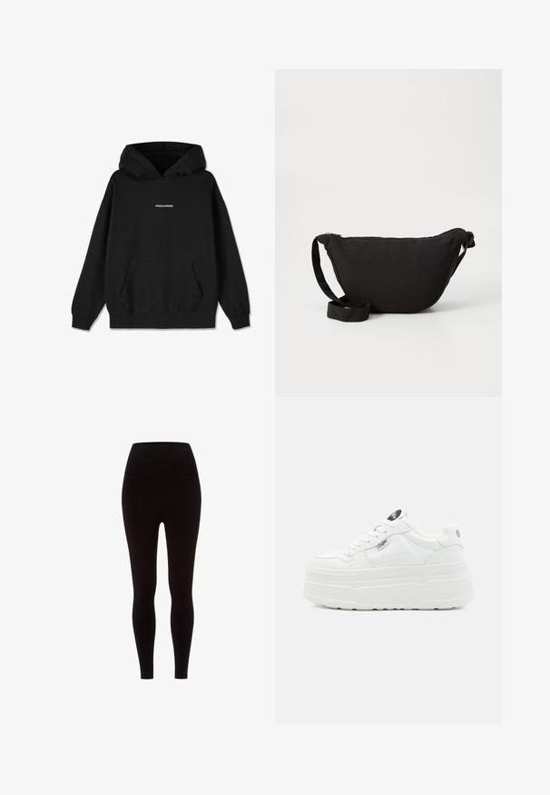 Zwarte hoodie van katoen, met een voorzak, ribbelmanchetten en een gouden "PEGADOR" logo op de borst. Eenvoudig, ontspannen ontwerp.; Zwarte leggings van rekbaar materiaal, met een hoge taille, een gladde textuur en een aansluitend ontwerp, zonder enige patronen of versieringen.; Witte platform sneakers met een glad synthetisch buitenkant, ronde neus, gewatteerde kraag en textuurzool. Bevat een contrasterend logo label.; Zwarte hobo tas gemaakt van zachte stof, met een gebogen vorm, een ritssluiting en een brede verstelbare schouderriem. Glad van structuur zonder patronen.