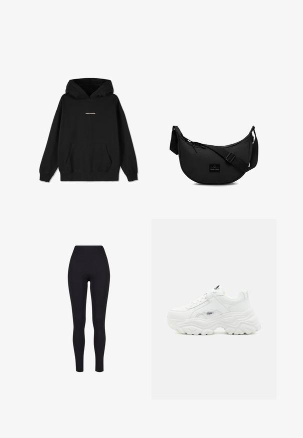 Sort hættejakke lavet af bomuld, med en forlomme, ribbede manchetter og et gult "PEGADOR" logo på brystet. Enkel, afslappet design.; Sorte højtaljerede leggings, lavet af strækbart stof, med en glat tekstur og en tætsiddende design uden synlige sømme eller mønstre.; Hvide chunky sneakers med en glat læderoverdel, rund tå og tyk tekstureret sål med et synligt brandlogo på siden.; Sort crossbody taske lavet af holdbart stof, med en rund form, justerbar rem og et logo-patch på forsiden.