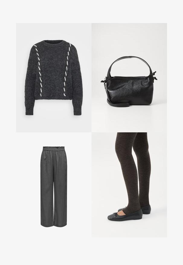 Pull en laine gris foncé avec col rond, coupe ample et détails de surpiqûre blanche sur les côtés. Tricot texturé avec manches longues.; Pantalons gris à jambe large en tissu doux avec une taille élastique. Présente une coupe ample et une texture lisse.; Jambes portant des leggings côtelés foncés associés à des ballerines noires avec de petits détails en nœud sur fond blanc.; Sac à main en cuir noir au design structuré, avec une poignée arrondie et une bandoulière amovible. Présente une texture lisse et un éclat subtil.