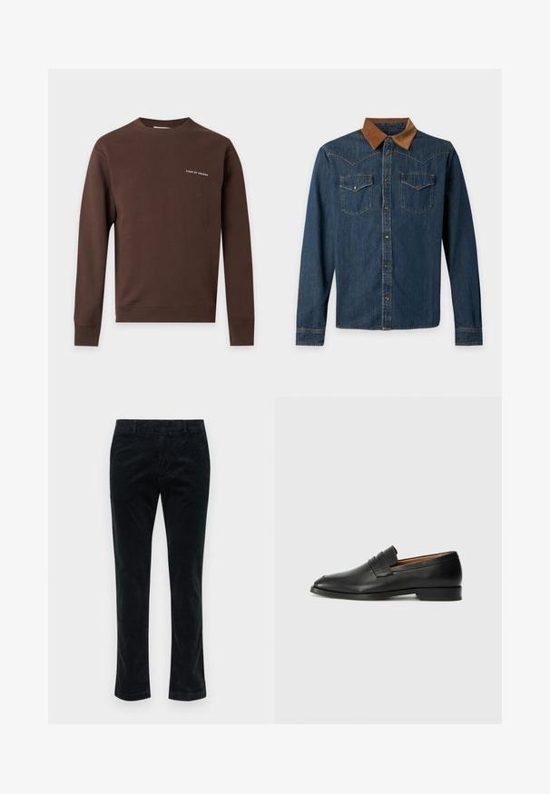 Sweat-shirt marron à manches longues avec col rond et petit texte blanc "Tiger of Sweden" sur la poitrine gauche, poignets et ourlet côtelés.; Chemise en denim foncé à manches longues avec col en velours côtelé marron, fermeture à boutons sur le devant et deux poches poitrine à rabat avec boutons.; Pantalons en corduroy noir à jambe droite, avec des côtes verticales, une texture douce et une taille standard sans matériel visible.; Mocassin en cuir noir avec un bout arrondi, des coutures subtiles et un talon bas, présentant une texture lisse et un design minimaliste.