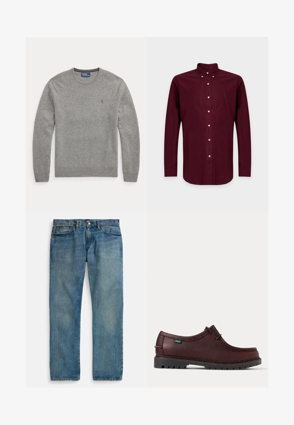Grå crewneck-sweater med lange ærmer, ribstrikkede manchetter og kant, og lille broderet logo på venstre bryst fra Polo Ralph Lauren.; Langærmet mørkerød skjorte med knapper, knappet krave og lille broderet logo på venstre bryst.; Lyseblå denimjeans med lige ben, der har fem lommer, lukning med knap og diskret falmet effekt for tekstur.; Mørkebrun lædermokkasinstil sko med sort robust sål og grønt Polo-logo mærke på siden, vist i sidevisning.