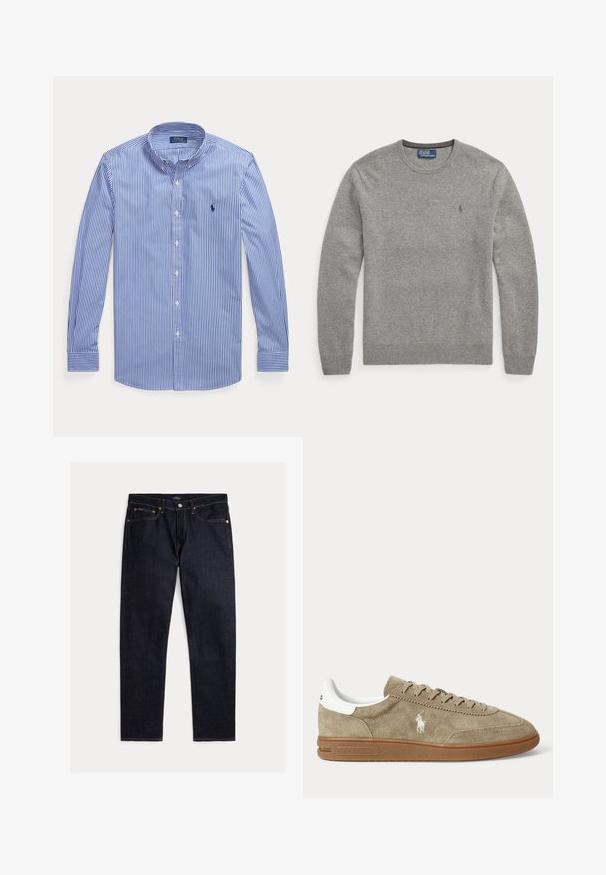 Pull gris à col rond avec manches longues, poignets et ourlet côtelés, et petit logo brodé sur le côté gauche de la poitrine par Polo Ralph Lauren.; Chemise à manches longues rayée verticale bleu et blanc, à boutons, col boutonné, avec le logo Polo Ralph Lauren sur la poitrine.; Jean droit indigo foncé avec cinq poches, fermeture par bouton et zip, et couture orange contrastante sur fond uni.; Baskets basses en daim beige avec semelle marron, détail blanc au talon, lacets et logo brodé d’un joueur de polo blanc sur le côté.