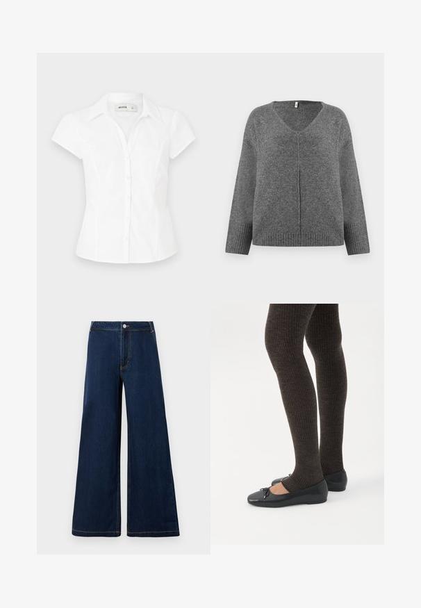 Pull gris en V à manches longues, fabriqué dans un matériau doux. Présente des détails côtelés aux poignets et à l'ourlet, avec une coupe ample et décontractée.; Blouse blanche à manches courtes avec un col, dotée d'une coupe ajustée et de deux rangées de boutons sur le devant. Texture en coton lisse.; Jeans en denim à jambe large de couleur bleu foncé avec des coutures dorées, dotés d'une fermeture à bouton et à fermeture éclair à l'avant, et d'un design classique à cinq poches.; Jambes portant des leggings côtelés foncés associés à des ballerines noires avec de petits détails en nœud sur fond blanc.