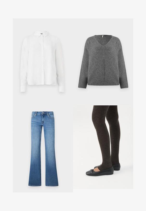 Pull gris en V à manches longues, fabriqué dans un matériau doux. Présente des détails côtelés aux poignets et à l'ourlet, avec une coupe ample et décontractée.; Chemise blanche à manches longues avec un front boutonné, un col classique et un tissu lisse avec une coupe légèrement ample.; Jean flare bleu clair en denim. Comprend un design à cinq poches, une fermeture par bouton métallique et un léger délavage près des genoux.; Jambes portant des leggings côtelés foncés associés à des ballerines noires avec de petits détails en nœud sur fond blanc.