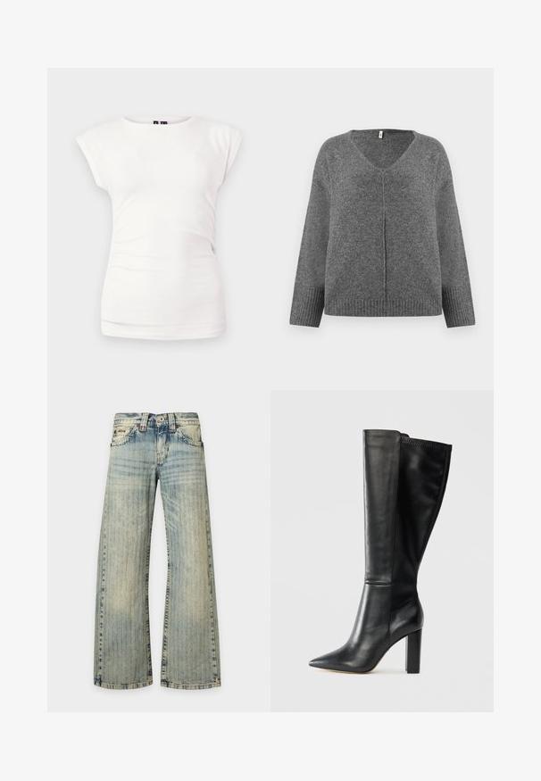 Pull gris en V à manches longues, fabriqué dans un matériau doux. Présente des détails côtelés aux poignets et à l'ourlet, avec une coupe ample et décontractée.; T-shirt blanc ajusté à manches courtes avec col rond sur fond uni, avec un léger détail froncé sur le côté.; Jean en denim bleu clair avec un motif à rayures verticales délavées, poches avant, fermeture à boutons et jambes larges et droites.; Bottes en cuir noir montantes avec un bout pointu et un talon épais. Texture lisse, coutures minimales et silhouette élégante.