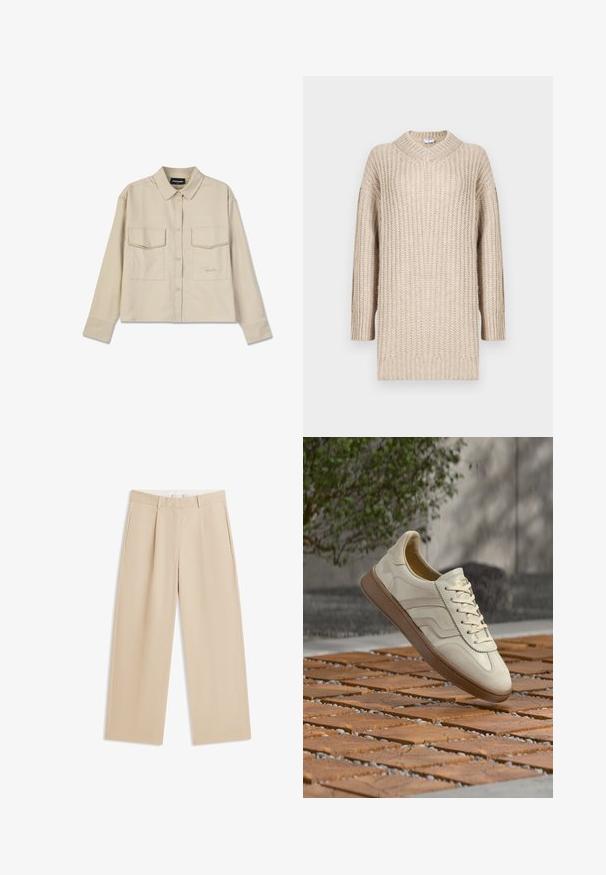 Beige strikket sweater med V-udskæring, lange ærmer og ribbet tekstur. Løs pasform med lige snit, der fremhæver en hyggelig stil og komfort.; Beige knap-up skjorte med krave, lange ærmer og to brystlommer. Har broderet logo og en glat, blød tekstur.; Beige bukser med vide ben, bæltestropper, sidelommer og en pres fald foran på hvert ben, vist fladt på en hvid baggrund.; Sneakers i cremefarve med en struktureret beige gummisål, snøredesign og diskret brand på siden. Overdel i glat læder.