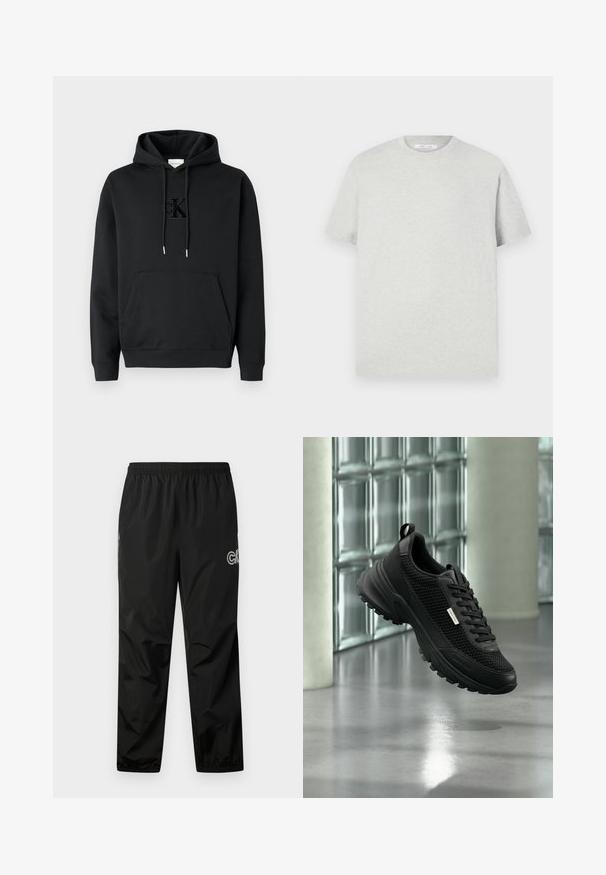 Sudadera con capucha negra de algodón con bolsillo frontal, capucha con cordón y logotipo Calvin Klein en relieve en el pecho. Textura suave, puños acanalados.; Camiseta de manga corta gris claro hecha de material suave, con cuello redondo y un corte relajado, sin patrones ni acentos visibles.; Pantalones de lluvia negros hechos de un material ligero y waterproof. Cuenta con una cintura elástica y un detalle de logo en el costado. Textura suave.; Zapatilla deportiva negra con paneles laterales de malla y suela gruesa flotando en interiores cerca de bloques de vidrio y columnas sobre un suelo liso.