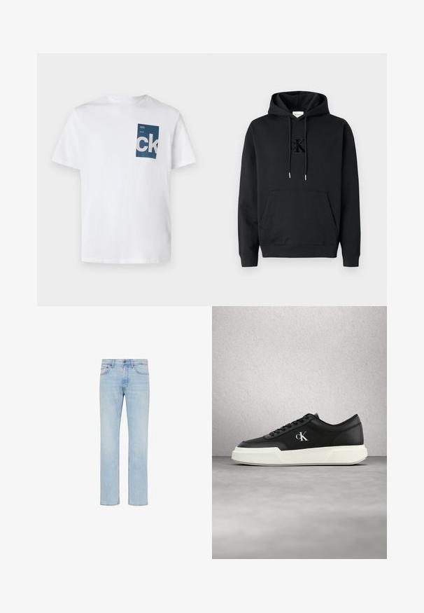 Sudadera con capucha negra de algodón con bolsillo frontal, capucha con cordón y logotipo Calvin Klein en relieve en el pecho. Textura suave, puños acanalados.; Camiseta de algodón blanca con un bolsillo rectangular azul que presenta el logo "ck" en blanco y detalles en texto. Mangas cortas, cuello redondo, ajuste regular.; Vaqueros de mezclilla azul claro de pierna recta con botón delantero, cierre de cremallera y diseño de cinco bolsillos, mostrados sobre fondo blanco.; Zapatilla deportiva de cuero negro con suela blanca y logo "cK", exhibida en el aire frente a una pared de bloques de vidrio y un suelo de concreto.