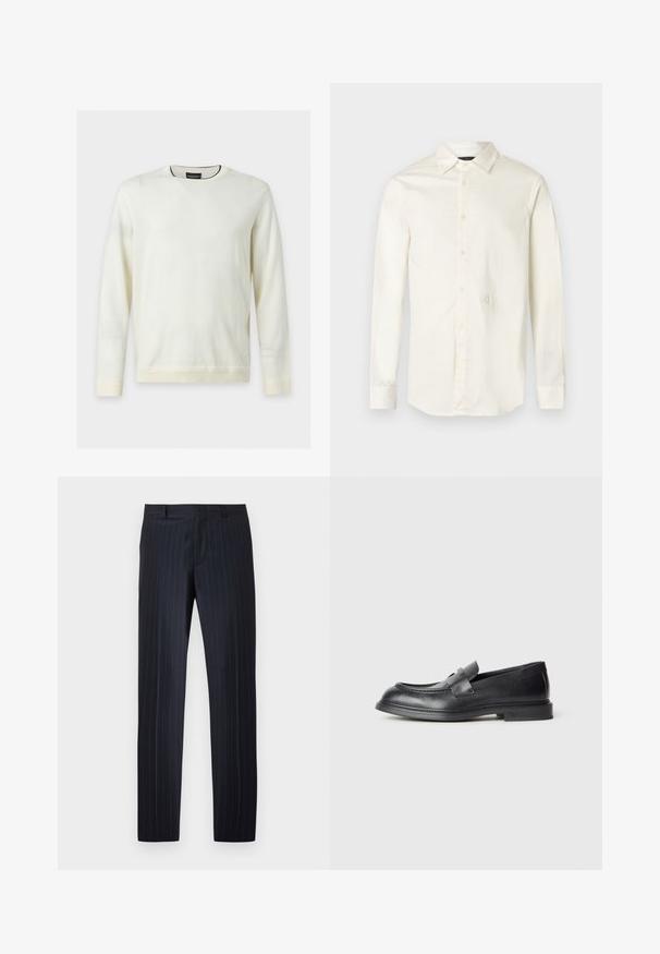 Pull blanc uni à manches longues et col rond, poignets et ourlet côtelés, petit logo près de la taille, présenté sur un fond clair.; Chemise blanche à manches longues en coton. Elle présente un col pointu, une patte de boutonnage à l'avant et un logo subtil brodé sur la poitrine.; Pantalon de costume bleu marine avec fines rayures blanches, passants de ceinture et fermeture éclair à l'avant, présenté sur un fond blanc uni.; Mocassins en cuir noir avec une finition texturée, dotés d'une bride décorative à l'avant et d'un bout arrondi. Semelle en caoutchouc pour plus de durabilité.