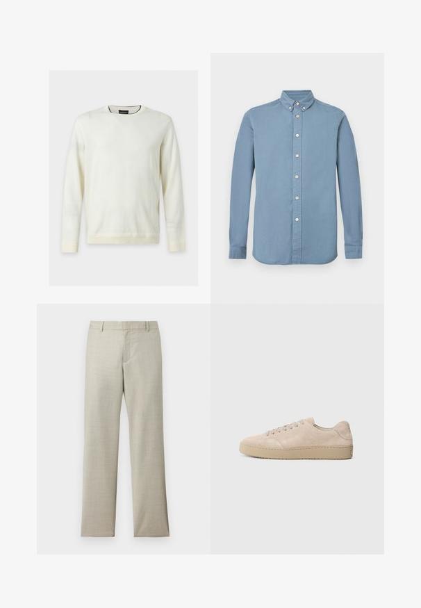 Pull blanc uni à manches longues et col rond, poignets et ourlet côtelés, petit logo près de la taille, présenté sur un fond clair.; Chemise bleu clair à manches longues en coton, avec col à boutons, patte de boutonnage complète et poignets standards. Texture lisse.; Pantalon droit couleur beige clair avec passants pour ceinture, fermeture éclair frontale et texture subtile sur fond blanc.; Baskets en daim beige avec un bout rond, des lacets plats et une semelle en caoutchouc texturé. Design minimaliste avec des bords lisses et des coutures discrètes.