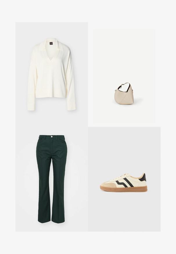 Pull en tricot blanc à manches longues avec col et encolure en V, poignets et ourlet côtelés, présenté sur un fond uni.; Pantalons verts évasés en tissu lisse et structuré. Comprend une fermeture à bouton à l'avant, des passants de ceinture et deux poches latérales.; Baskets à lacets avec une tige crème ornée de rayures noires et un bout en daim, complétées par une semelle en caoutchouc marron.; Sac à main en cuir beige en forme de croissant avec une seule bandoulière et des coutures minimalistes, posé sur un fond blanc uni.