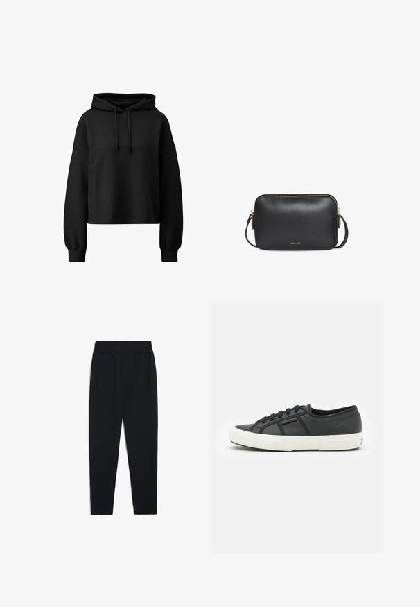 Schwarzer, taillierter Hoodie mit strukturiertem Strickmuster, Kapuze mit Kordelzug und langen Ärmeln mit engen Bündchen.; Schwarze Jogginghosen aus weichem Stoff, mit einem dehnbaren Bund, Seitentaschen und schmalen Beinen für eine taillierte Optik.; Superga 2750 - Sneaker low - black-avorio; Schwarze rechteckige Ledercrossbody-Tasche mit goldenem Reißverschluss und kleinem Calvin Klein-Logo mittig vorne.