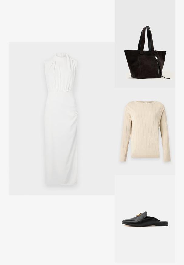 Pull beige à manches longues avec texture côtelée verticale, col rond, poignets et ourlet ajustés.; Robe blanche sans manches avec un col haut, taille froncée et jupe longue ; tissu lisse avec un drapé subtil et un détail textural.; Mocassin en cuir noir sans lacets avec talon plat et boucle circulaire dorée sur la bride supérieure, présenté en profil latéral sur fond blanc.; Sac cabas en daim noir avec deux larges anses et une poche zippée à l'avant avec un curseur argenté.