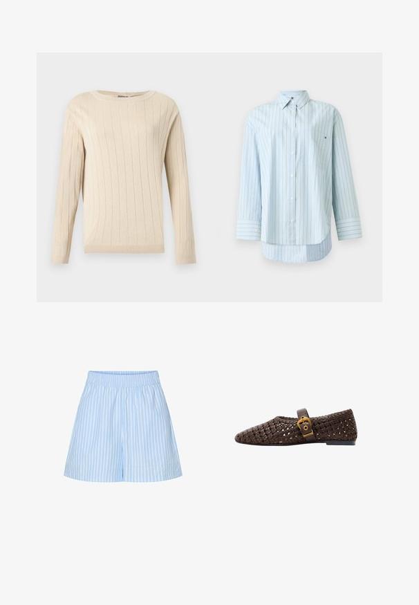 Beige langærmet sweater med lodret ribbet tekstur, rund halsudskæring og tætsiddende manchetter og kant.; Lys blå skjorte med knapper, vertikale hvide og guld striber, lange ærmer, en brystlomme og et lille mærkelogo ved kraven.; Lyseblå shorts med lodrette hvide striber, designet med en elastisk talje og en afslappet pasform for komfort. Materialet er bomuld.; Mørkebrun vævet flad sko med spids tå og en Mary Jane rem med guldbund.