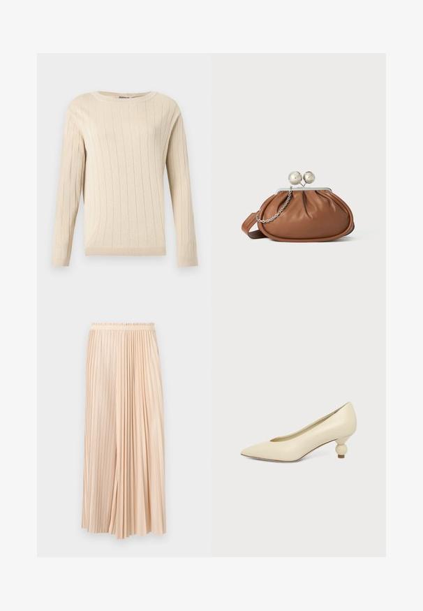 Pull beige à manches longues avec texture côtelée verticale, col rond, poignets et ourlet ajustés.; Jupe midi plissée bicolore beige avec ceinture élastique, combinant des plis fins et larges pour un look fluide et texturé.; Chaussure femme couleur crème à bout pointu avec un petit talon rond en forme de boule, sur fond uni.; Pochette en cuir marron avec un fermoir à boule en argent et un petit détail en chaîne argentée sur fond blanc.